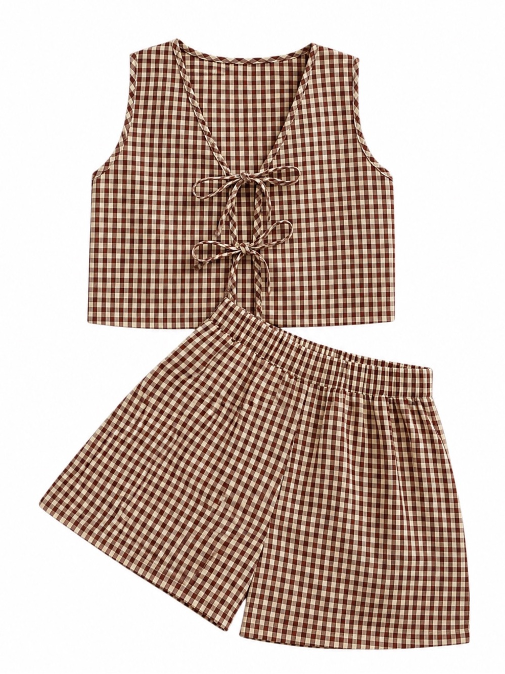 Checked Tie-Front Crop Top & Shorts Set - Brown/Tan